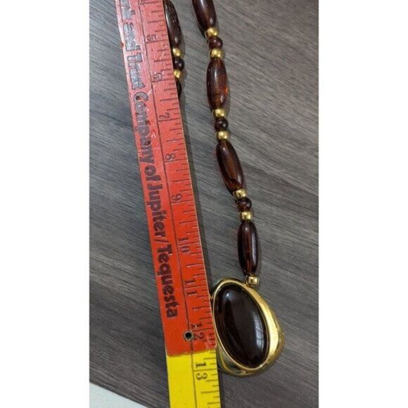 Napier Vintage Gold-Tone Necklace & Pierced Earrings Set Brown Beads Pendant 24" - Picture 8 of 11